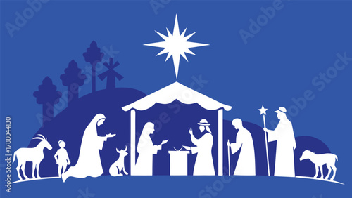 Nativity scene vector silhouette on blue background.