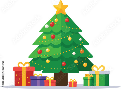 Realistic Christmas tree with glowing lights and gifts vector icon.