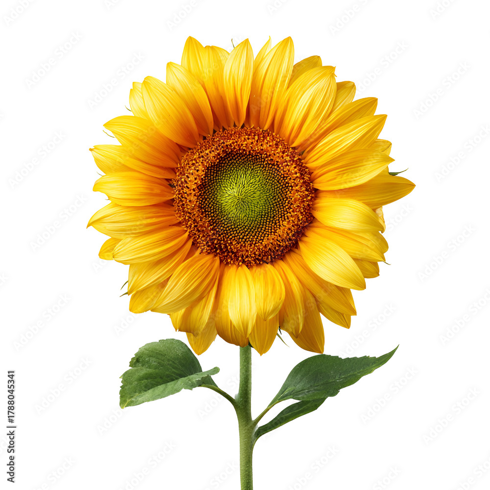 Obraz premium Bright yellow sunflower with green leaves on black background