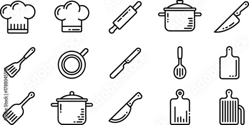 Set of 15 black and white kitchen utensil line icons — minimalist cooking tools vector for restaurant, chef, or kitchen design