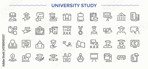 University icon set. Contains related to scholarship, graduation, academic institution, learning, diploma, higher education, school. Pixel perfect. Vector illustration. Academic linear icon set.