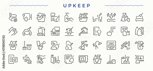 Upkeep icon set. Thin web icons. Contains related to house housekeeping, clean, wash, disinfect, cleaner. Editable vector stroke. Hygiene icon set.