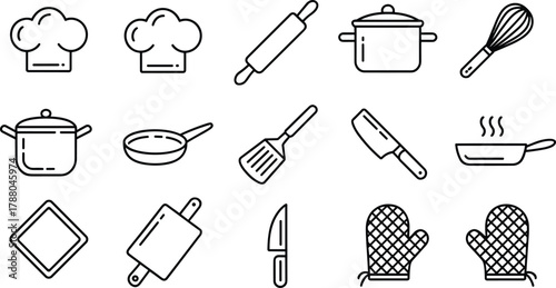 Set of 15 black and white kitchen utensil line icons — minimalist cooking tools vector for restaurant, chef, or kitchen design