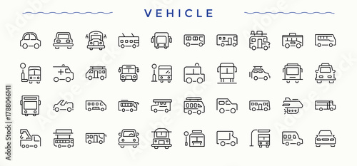Vehicle line icon set. Line symbol and sign. Auto icon set. Includes symbols for auto, travel, transportation, automobile, ev, transport and more.