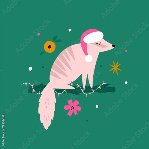 Festive Australian Bandicoot. Cute Christmas Animal on Dark Teal Background