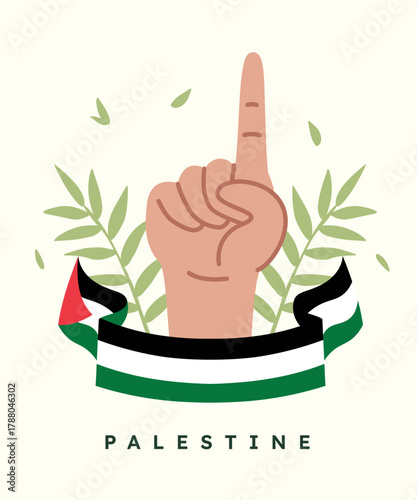 The branches of leaves surround the fist and flag, the hand expressing peace.