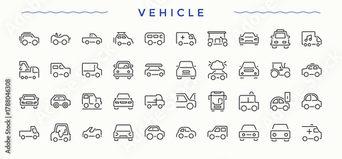 Vehicle icon set. Travel icon collection. Vector icons collection. Includes thin line symbols bus, motor, travel, automobile, car, transport, taxi and more. Editable stroke. Vector collection.