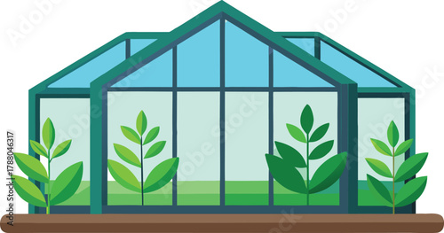 Realistic greenhouse icon, glass reflection, green plants inside.