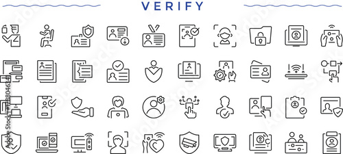 Verify line icon set. Check web icons pack. Minimalist icons collection. Mark icon set. Editable stroke. Vector illustration.