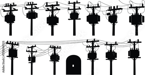 Silhouette vector illustration of electrical transformers on utility poles and towers—power distribution infrastructure, voltage system, substation layout, energy grid network