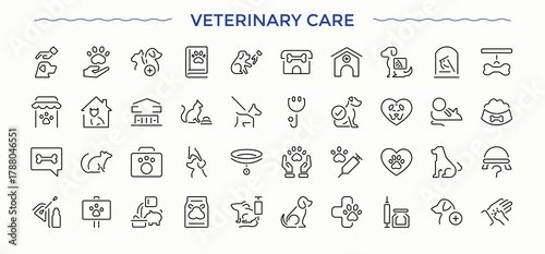 Veterinary Care line icon set. Contains such icons as pet vet, animal care, pet, animal, pharmacy, vaccine and more. Animal Care vector icon set. Thin outline icons pack.