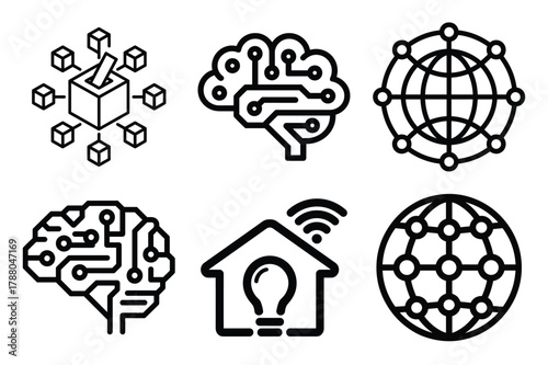 Technology icons: blockchain, artificial intelligence, smart home, global networking