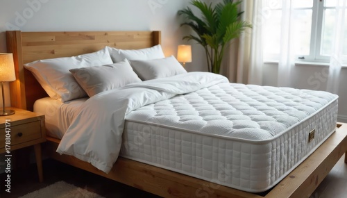 A plush mattress inviting relaxation; soft, comfortable bedding perfectly styled for a peaceful night's sleep Ideal for sleep, comfort, and rest marketing , cushion, texture, sleep
