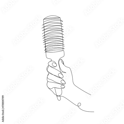 Hand holding round hair brush. Minimalist one line vector illustration for beauty, hair care, salon, fashion design projects.