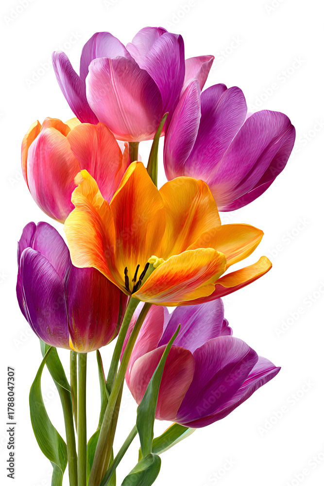 Obraz premium Vibrant bouquet of colorful tulips against a dark background