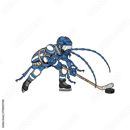Bug plays ice hockey wearing uniform with hockey stick and ice hockey puck on white