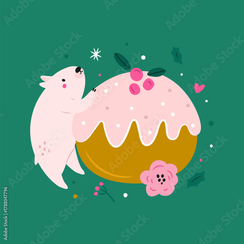 Cute Australian Wombat Hugging Christmas Pudding. Christmas Illustration, Festive Holiday Vector Print