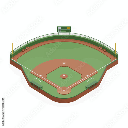 Isometric illustration of baseball field with green grass and scoreboard