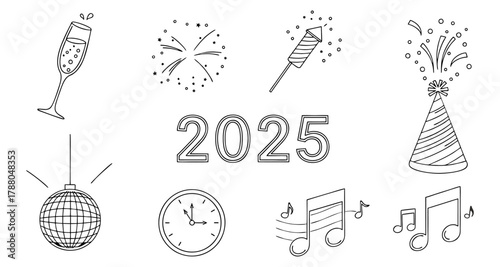 New Year 2025 Fireworks Line Art Vector Illustration
