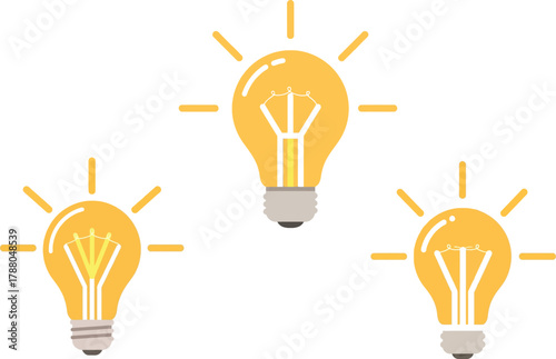 Three light bulbs glowing brightly representing ideas and innovation on black background