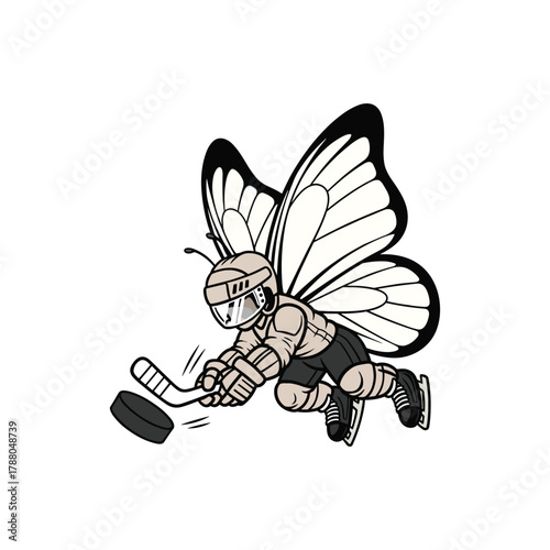 Butterfly wearing ice hockey uniform with hockey stick and ice hockey puck vector icon
