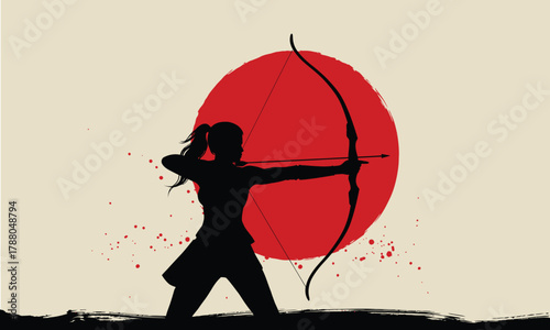 Silhouette of female archer aiming bow and arrow against a red sun background