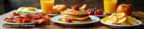 A table laden with a delicious and abundant breakfast spread, featuring pancakes, bacon, eggs, fruit, and juice, ready to satisfy a ravenous appetite , tasty, breakfast