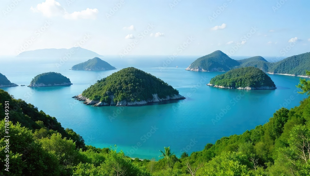 Obraz premium A tranquil scene of several small islands nestled together in a calm bay, offering serene views of a natural harbor with lush green vegetation , coast, destination