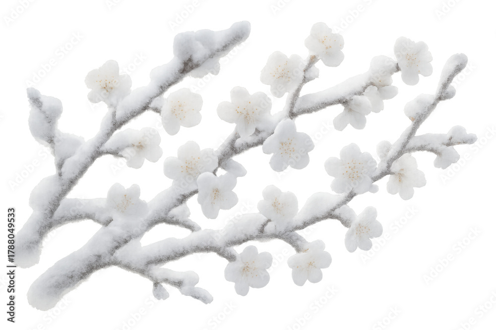 Obraz premium White cherry blossom branches covered in snow and ice, symbolizing winter beauty and cold season