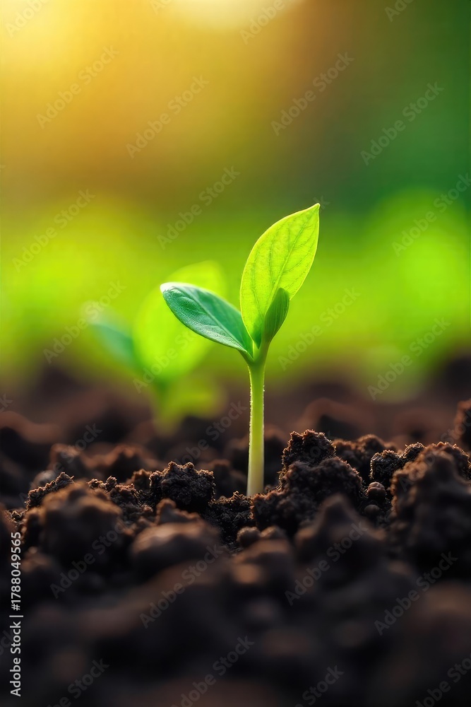 Fototapeta premium A vibrant close-up of freshly planted seedlings emerging from rich soil, sunlight illuminating new growth Perfect for spring gardening, agriculture, and nature themes , springtime, sustainable