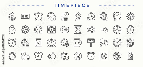 Time icon. Minimalist linear icons. Includes thin line symbols watch, hourglass, alarm, clock. Vector illustration in modern line style. Alarm icon.
