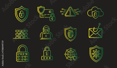 Cybersecurity Neon Outline Icon Set — Shield, Lock, Firewall, Hacker, Cloud, Email Protection