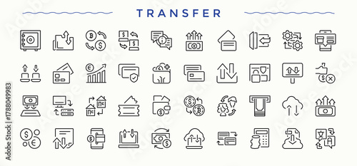 Transfer icon. Finance line icon set. Outline icons pack. Includes symbols for bank, balance, accounting, finance, analysis and more. Editable stroke. Pixel Perfect.