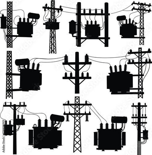 Silhouette vector illustration of electrical transformers and utility poles with wires and insulators—power distribution system, voltage grid, energy infrastructure network