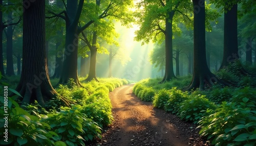 A winding path through a lush forest, sunlight dappling the leaves, leading towards a distant, unseen destination The journey symbolizes growth, adventure, and the unknown , way, peaceful