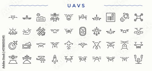 Uavs line icon set. Fly icon set. Isolated icons. Contains such symbols as aviation, helicopter, drone, transport, flight and more. Editable stroke vector art.