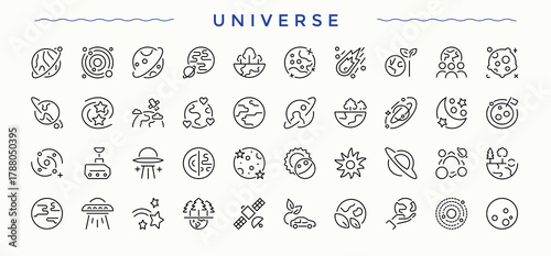 Universe icon collection. Modern icons collection. Includes thin line symbols space, galaxy, planet. Pixel perfect. Vector illustration. Asteroid vector line icon set.