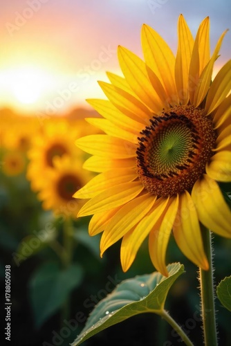 Close-up of a sunflower field at sunset, petals glistening with dew, creating a sparkling effect Golden hour light enhances the vibrant colors and texture , botanical, petals