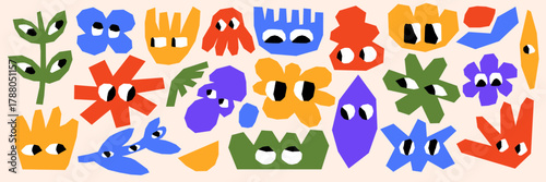 Vibrant naive floral illustration with abstract vector shapes and hand-drawn texture. Playful vintage colors and groovy 70s mood make it ideal for creative prints and designs