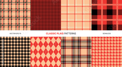Seamless vector patterns pack with red beige plaid textures including gingham, houndstooth, argyle, tartan, checkered styles, fabric, textile, wrapping, clothing, retro design, backgrounds, decoration