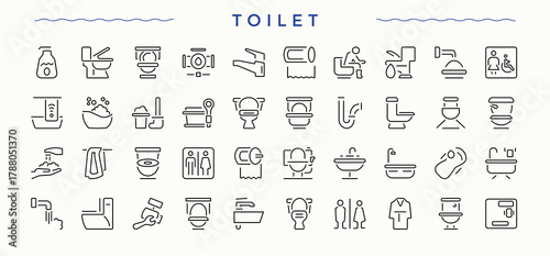 Toilet linear icon set. Washroom minimalist vector collections. Minimal icons pack. Wc icon set. Pixel perfect. Editable stroke.