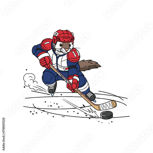 Ferret plays ice hockey and wears uniform with hockey stick and ice hockey puck icon art