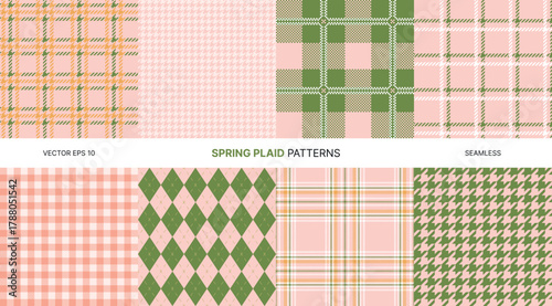 Seamless vector patterns for spring in pink green and gold hues with tartan gingham argyle and houndstooth textures ideal for wrapping fashion textiles decor digital scrapbooking and seasonal design