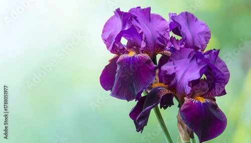 Vibrant Purple Iris Flowers in Full Bloom Against Soft Green Backdrop.