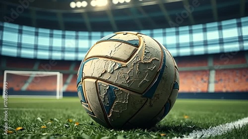 Weathered soccer ball resting on the green grass of a stadium field ready for the game with an empty stadium in the background today