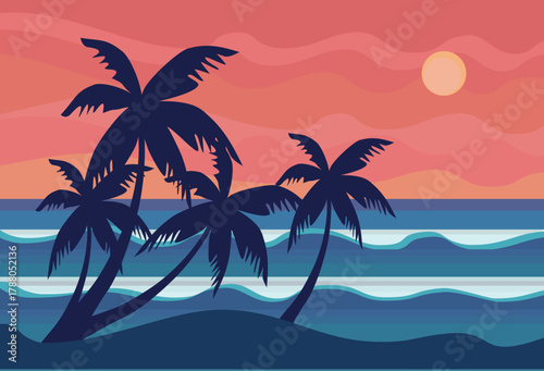Beach background in the afternoon, with sky, coconut trees and gentle waves. Beautiful beach illustration with flat style design.
