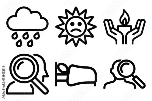 Mental health emotional well-being introspection concepts outline vector icons