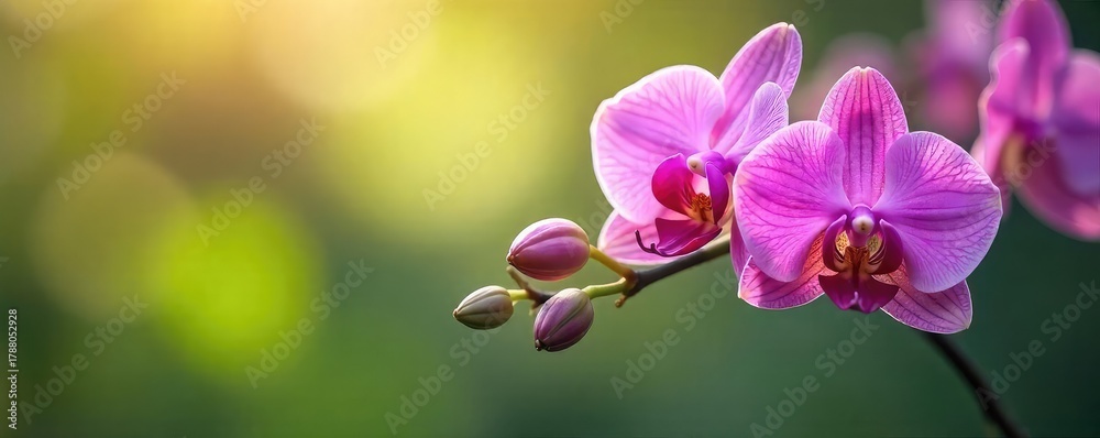 Fototapeta premium Delicate orchids sway gently in a summer breeze, their petals catching the light A vibrant display of nature's beauty and fragility against a blurred background , flora, vibrant