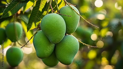 Lush Green Mangoes Hanging on Tree Branches in Sunlight.