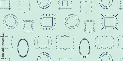 Seamless pattern of various doodle style picture frames on a pale blue background, perfect for decorative or scrapbook designs. Vector art